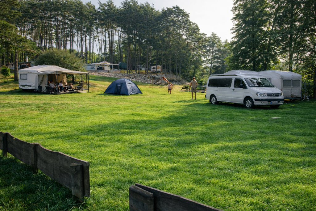 Wiese mit Zelt, Camper und Wohnwagen